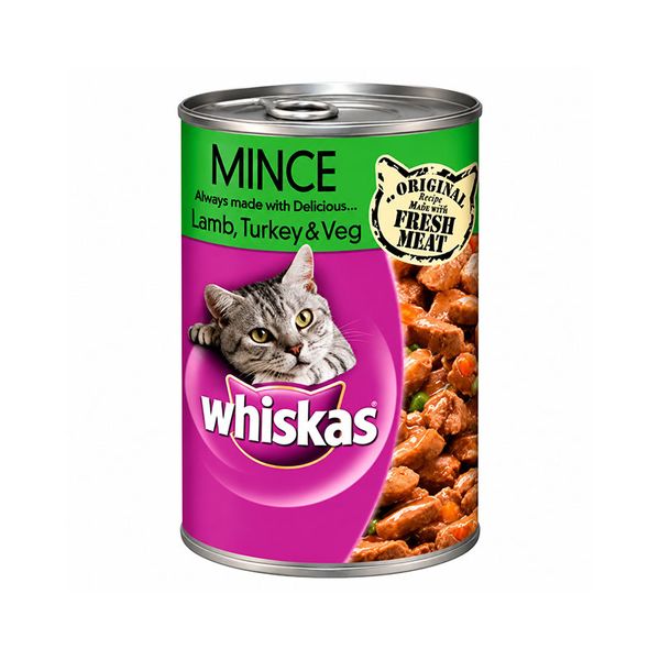 کنسرو غذای گربه بالغ ویسکاس مدل Mince Wet Cat Food با طعم بره، بوقلمون و سبزیجات وزن 400 گرم