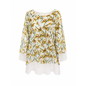 Women’s Floral Chiffon Crepe Tunic with Three-Quarter Sleeves, Below-Hip Length – Model NS406