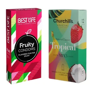 کاندوم چرچیلز مدل Tropical بسته 12 عددی به همراه کاندوم بست لایف مدل Fruity بسته 12 عددی