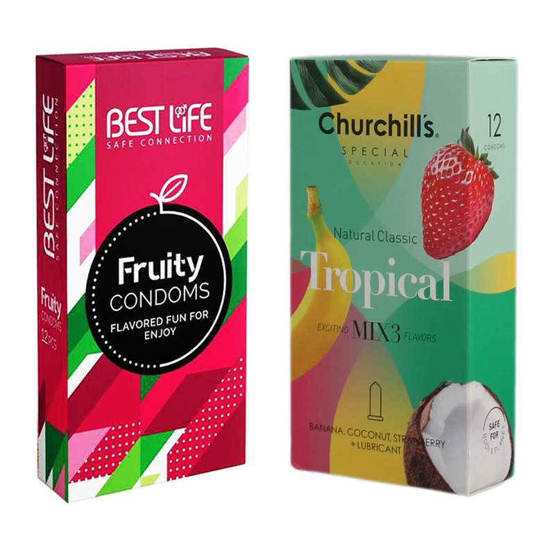 کاندوم چرچیلز مدل Tropical بسته 12 عددی به همراه کاندوم بست لایف مدل Fruity بسته 12 عددی