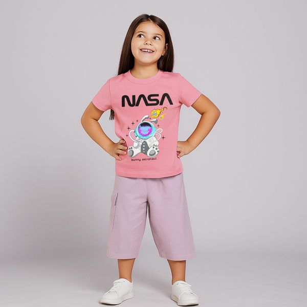 ست تیشرت آستین کوتاه و شلوارک دخترانه مدل نخ پنبه کد 1001