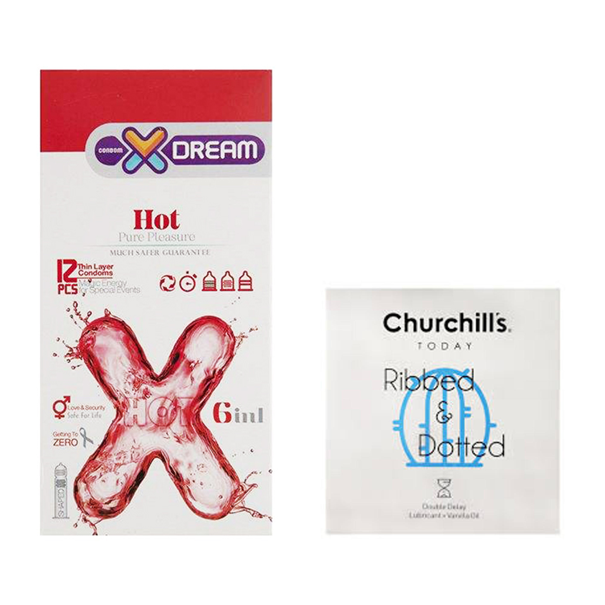 کاندوم چرچیلز مدل Ribbed and Dotted بسته 3 عددی به همراه کاندوم ایکس دریم مدل Hot بسته 12 عددی