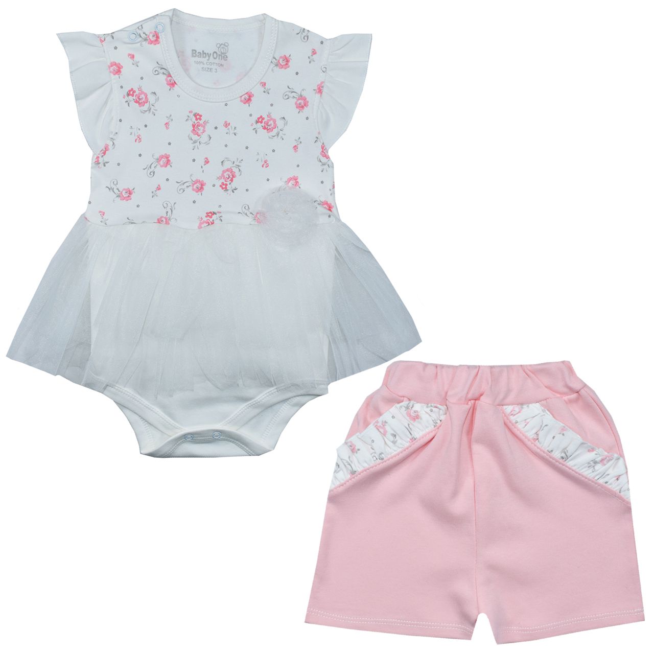 ست بادی آستین کوتاه و شلوارک نوزادی بی بی وان مدل عروس - - 1