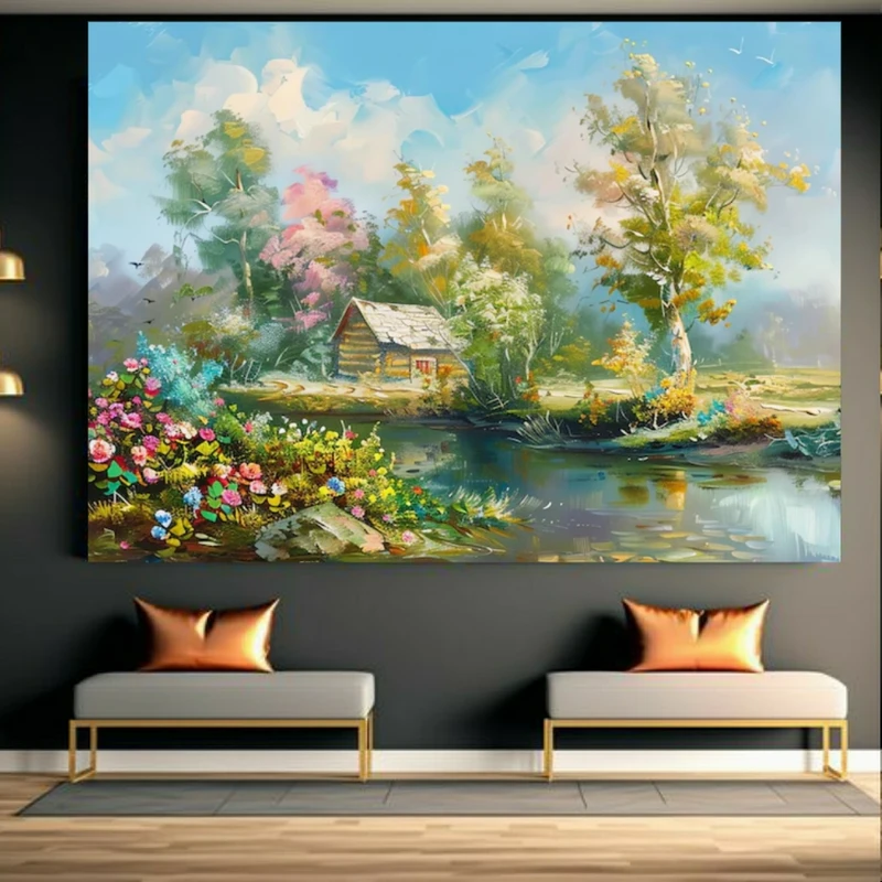 تابلو بوم طرح مخمل نقاشی مدل کلبه روستایی کد BK23739