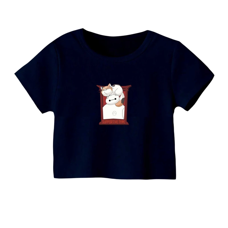 کراپ‌ تی‌شرت آستین کوتاه زنانه مدل بیمکس و گربه