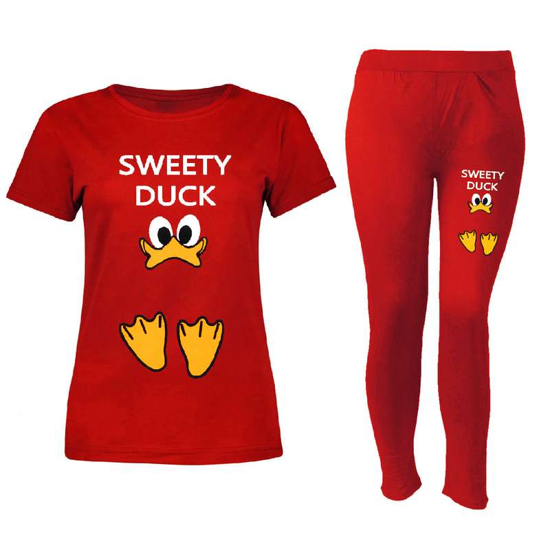 ست تی شرت و شلوار زنانه مدل Duck رنگ قرمز