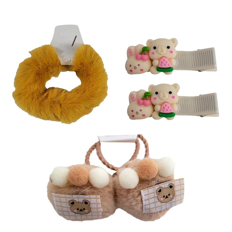 ست گیره و کش مو دخترانه مدل تدی پولیشی و پوم پوم کد 2-06037 مجموعه 5 عددی