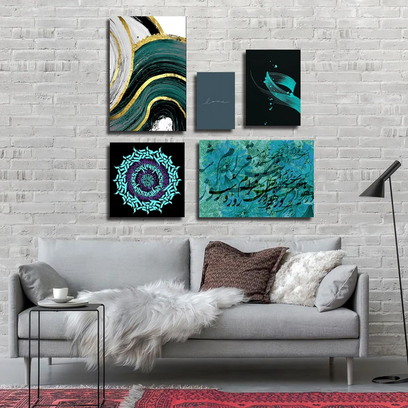 تابلو شاسی بکلیت طرح نقاشی و خطاطی مدل SH-3118 مجموعه 5 عددی