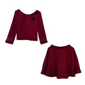 ست بلوز و دامن زنانه تولیکا مدل گل برجسته ی حاشیه حصیری