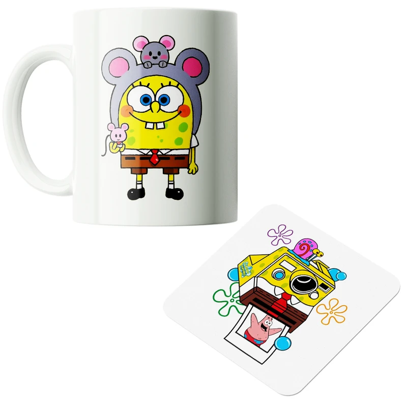 ماگ پاد آفرین مدل باب اسفنجی کارتونی کیوت فانتزی بامزه  کد PZ244 به همراه زیرلیوانی