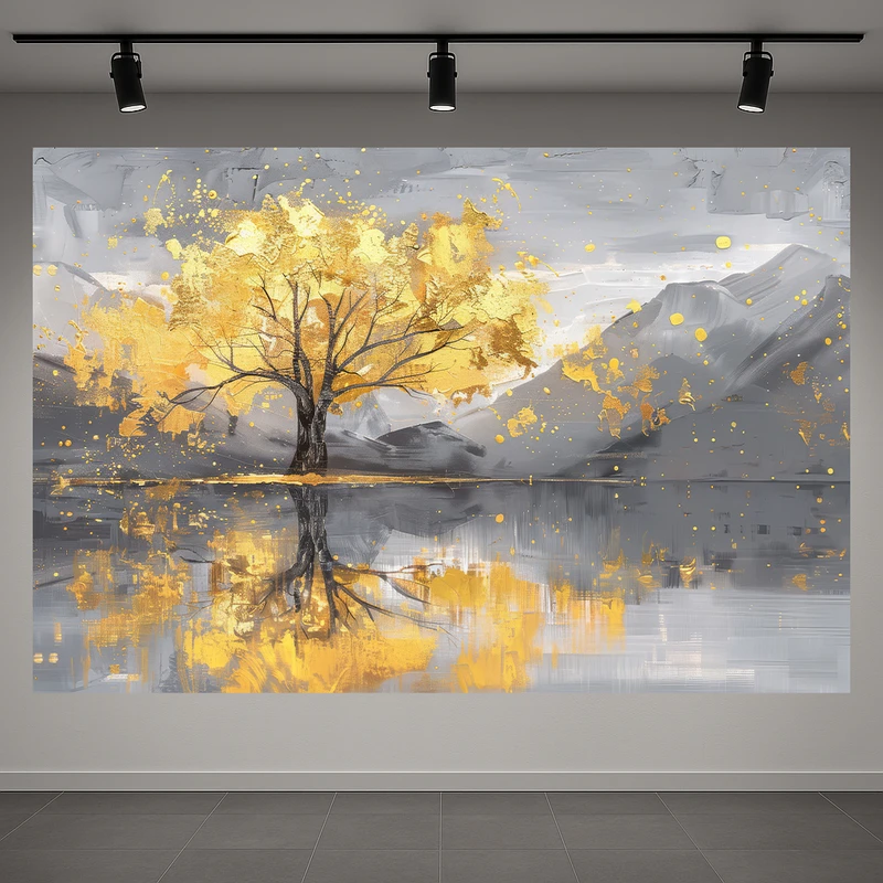 پوستر طرح درخت و برکه مدل برگ های طلایی کد AR3060656