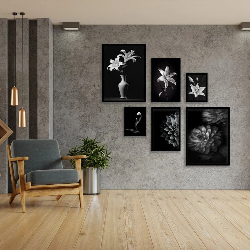 تابلو بکلیت طرح مدرن هنری دکوراتیو گل و گلبرگ و گلدان گل  مدل B-bu3874 مجموعه شش عددی فریم مشکی