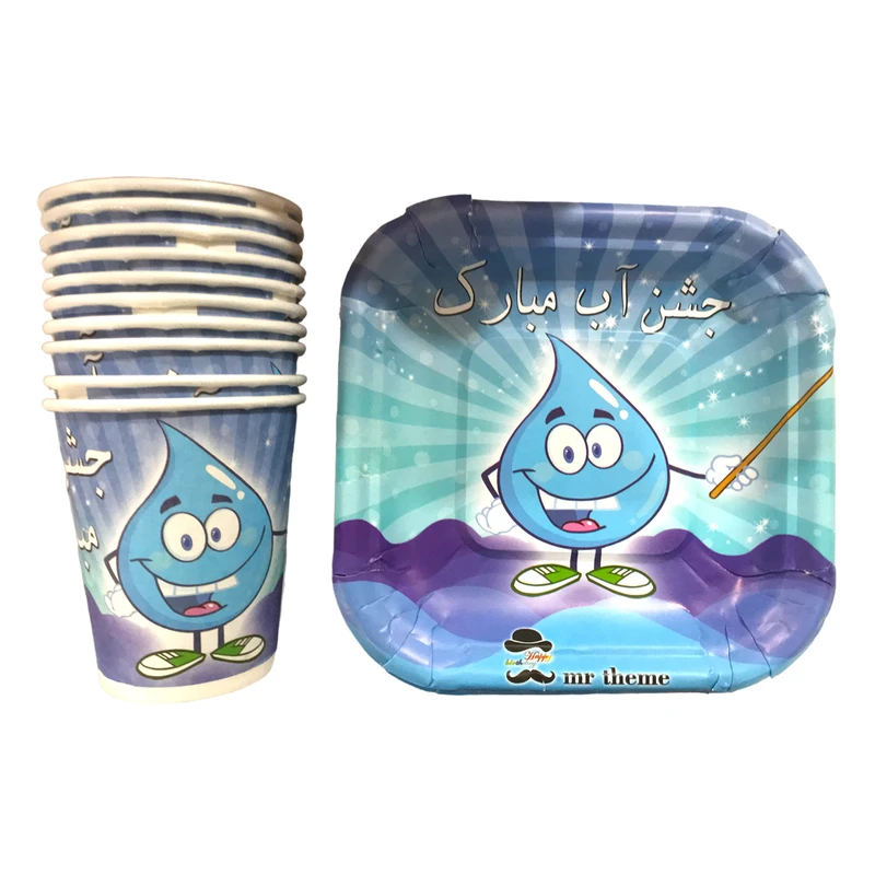 پیش دستی و لیوان یکبار مصرف مستر تم مدل جشن اب پلاس بسته 40 عددی
