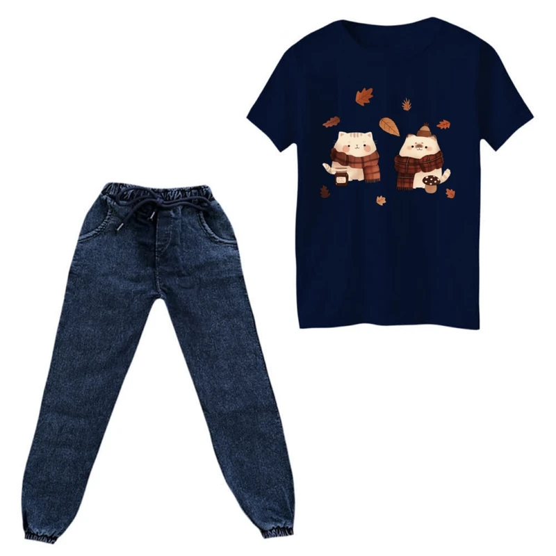 ست تی‌شرت و شلوار دخترانه مدل گربه های پاییزی