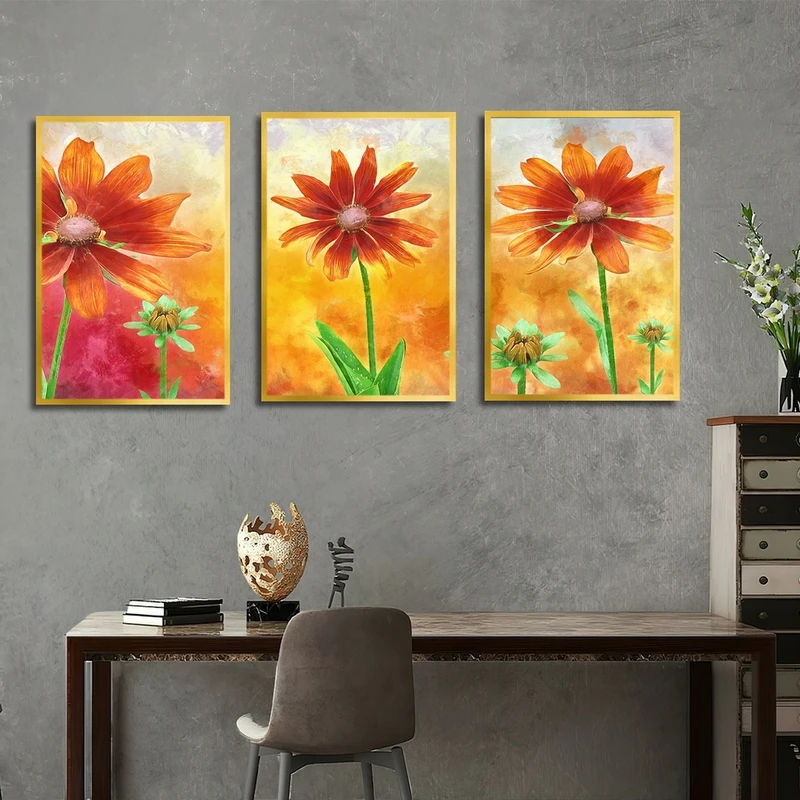 تابلو ساده بکلیت طرح نقاشی گل مدل شاین اکلیلی T-2476 فریم طلایی مجموعه 3 عددی