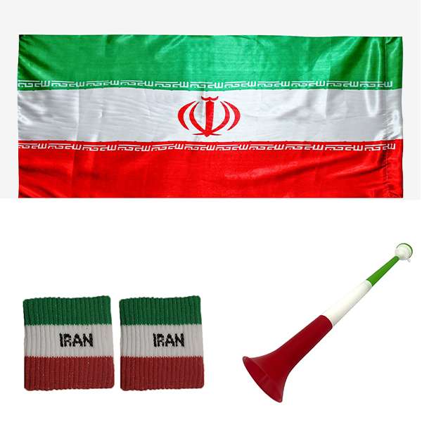 پرچم هواداری مدل ایران به همراه مچ بند و شیپور مجموعه 4 عددی