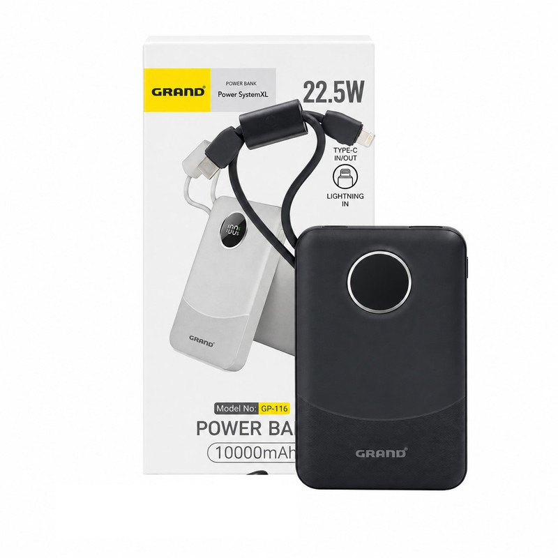 پاوربانک 22.5 وات گرند اسکای مدل GP - 116 با ظرفیت 10000 میلی‌آمپرساعت به همراه دو کابل USB-C / لایتنینگ