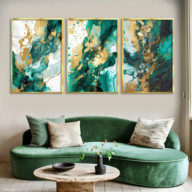  تابلو مدل دکوراتیو طرح خطوط کد 350 فریم طلایی مجموعه سه عددی