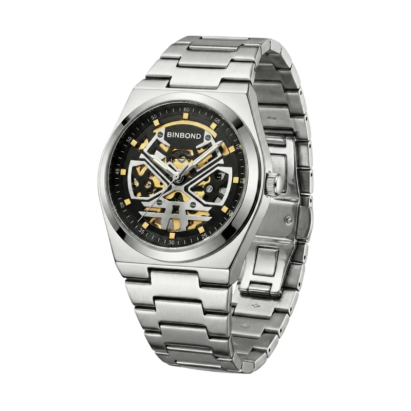 ساعت مچی عقربه‌ای کوارتز مردانه بین باند مدل لوکس کلاسیک تک موتور صفحه نیمه اسکلتون قفل مخفی کد BN02