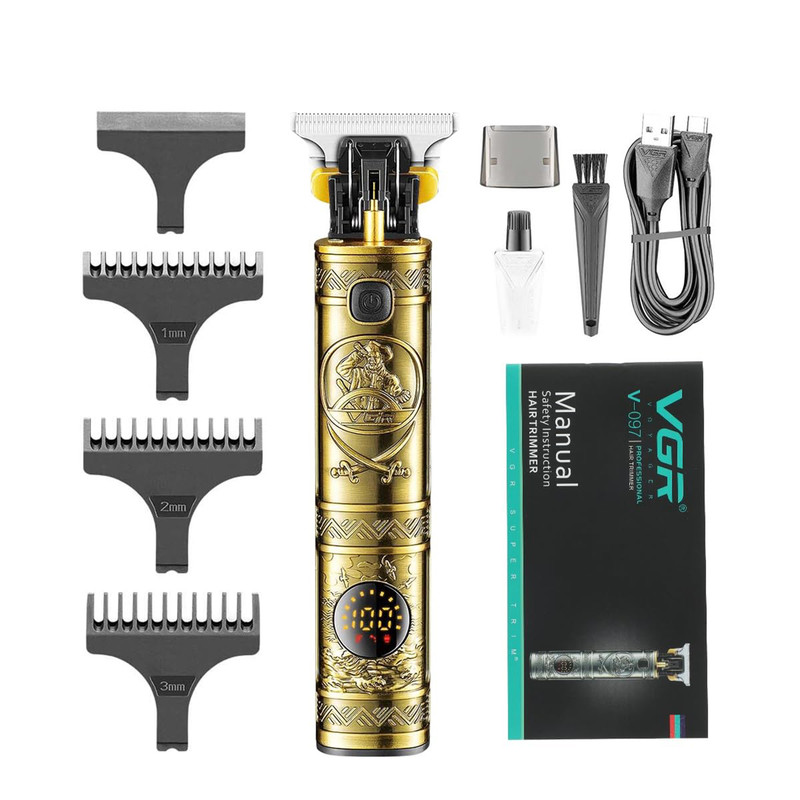 ماشین اصلاح موی صورت وی جی ار مدل V-097 با تیغه استیل ضد زنگ، موتور 6500 دور در دقیقه، قابلیت تنظیم سرعت، عملکرد توربو، نمایش وضعیت باتری و سه عدد شانه در سایزهای 1، 2 و 3 میلی‌متر