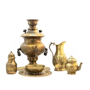 سرویس سماور ذغالی 6 پارچه برنجی مدل قلم کاری کد 3288
