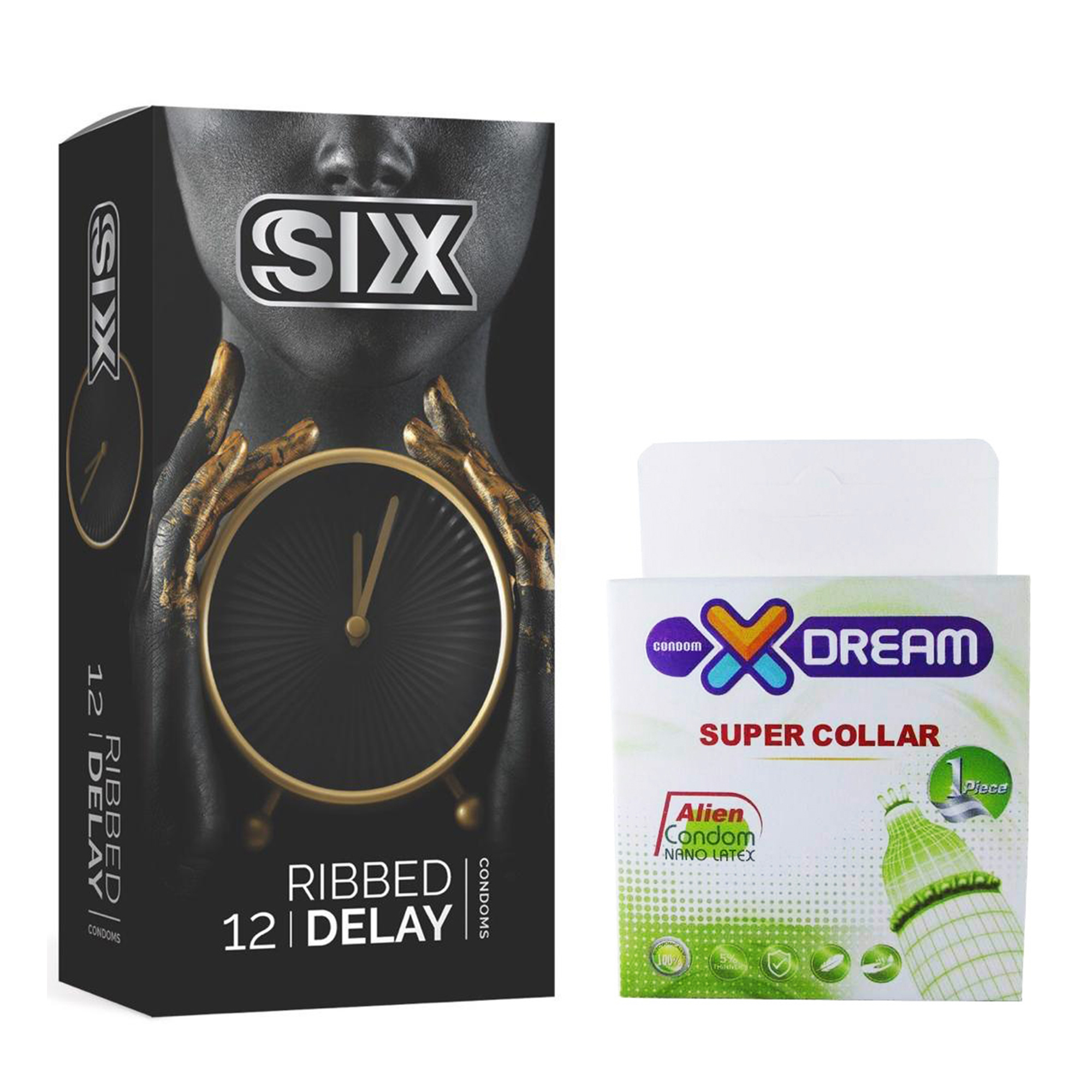 کاندوم سیکس مدل Ribbed Delay بسته 12 عددی به همراه کاندوم ایکس دریم مدل Super Collar