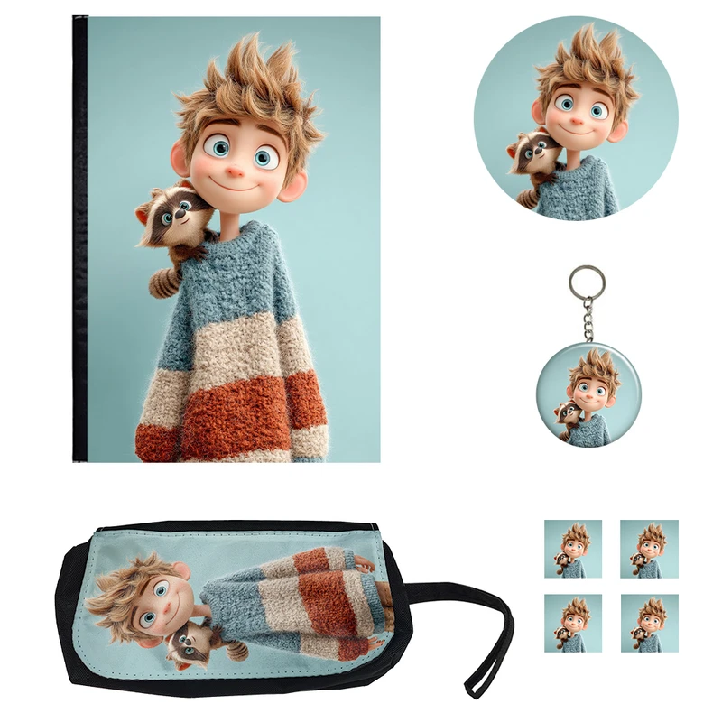 بسته لوازم تحریر مدل  پسر و راکون کیوت کد ۱ مجموعه 8 عددی