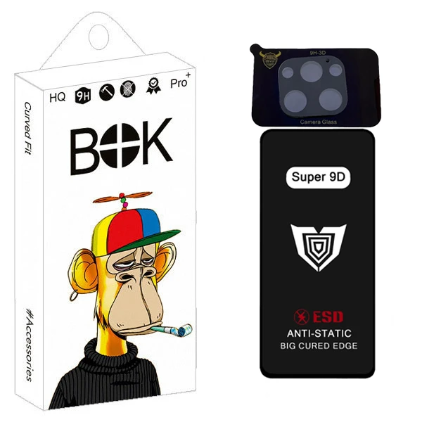 محافظ صفحه نمایش بوک مدل Super 9D Pro مناسب برای گوشی موبایل اپل iphone 12 pro max به همراه محافظ لنز دوربین
