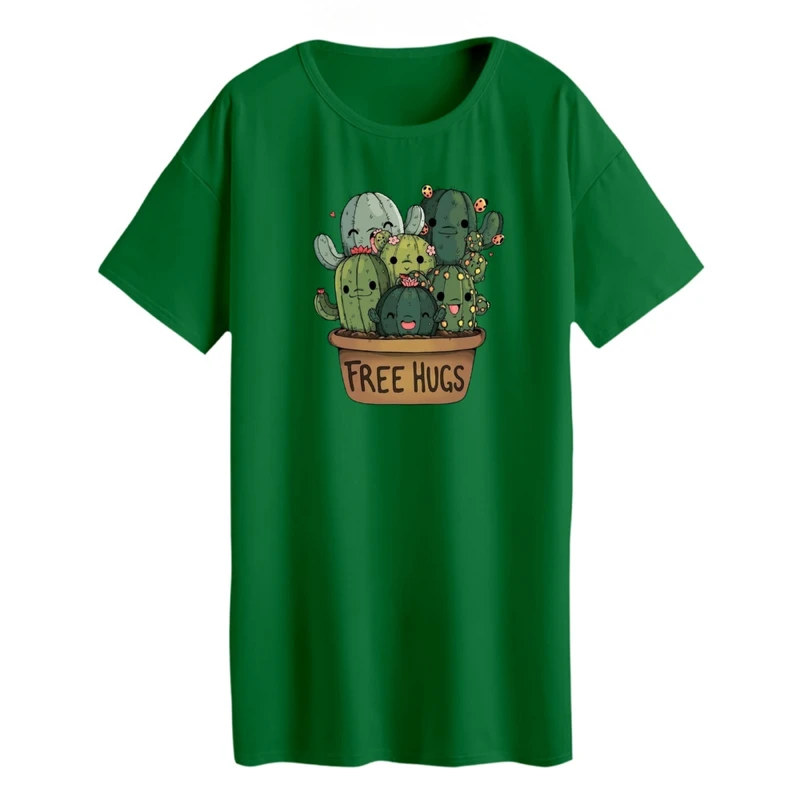 تی شرت لانگ زنانه مدل گلدان کاکتوس رنگ سبز