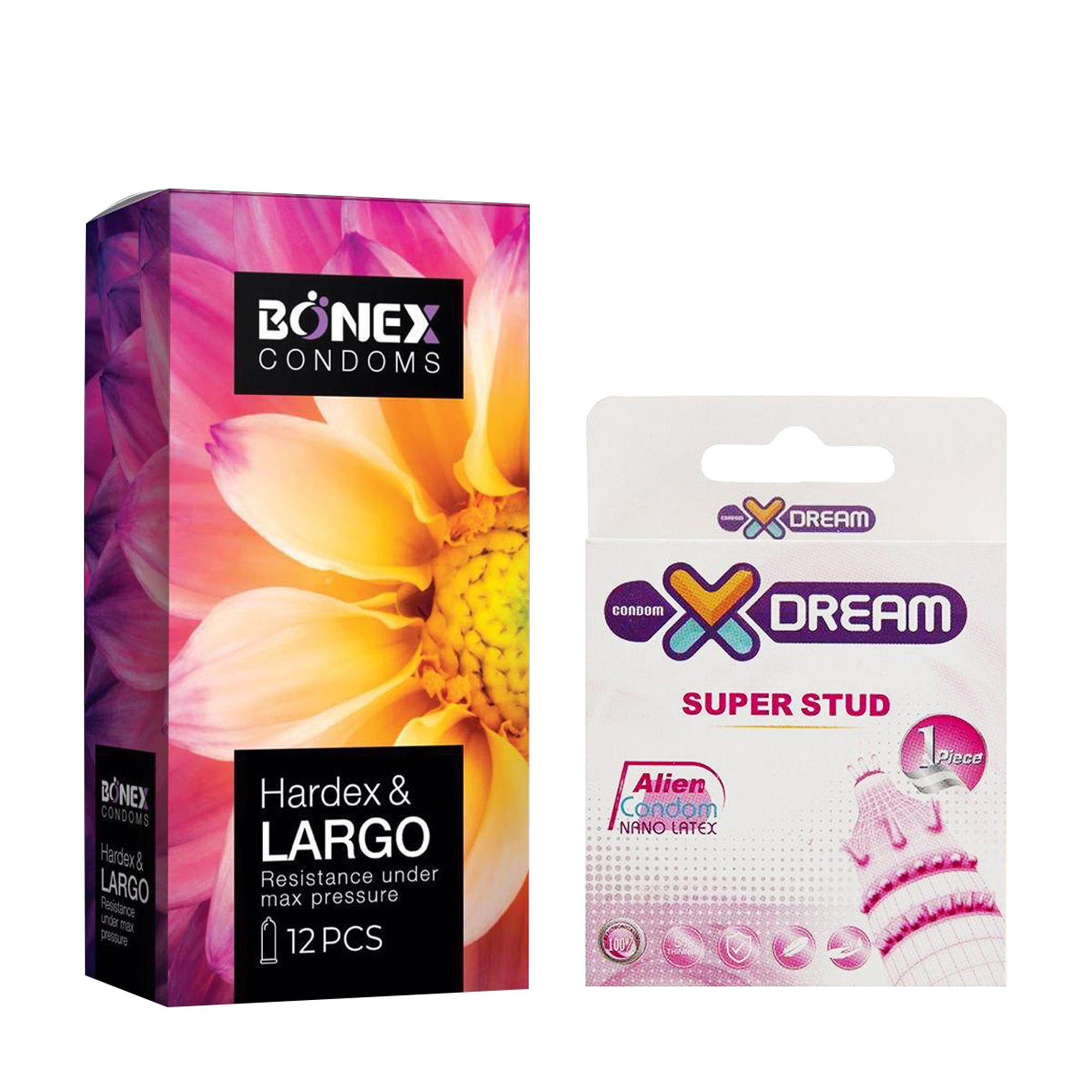 کاندوم بونکس مدل Hardex & Largo بسته 12 عددی به همراه کاندوم ایکس دریم مدل Super Stud