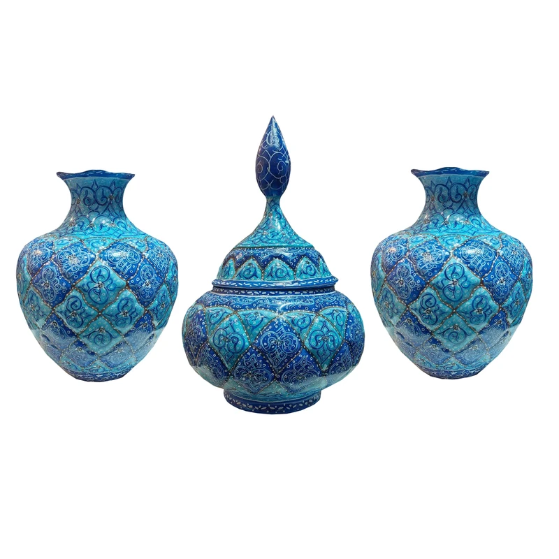 ست 3 تکه گلدان و گزخوری میناکاری مسی مدل اسلیمی کد 854