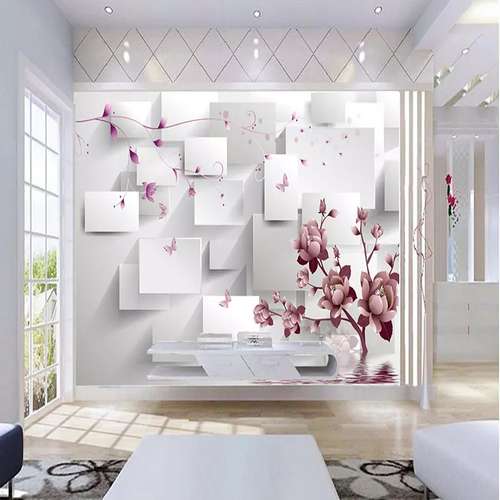 پوستر دیواری سه بعدی مدل گل بنفش صورتی زمینه هندسی DVRF1498