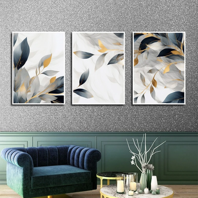تابلو ساده بکلیت طرح نقاشی برگ مدل شاین اکلیلی W-2460 فریم سفید مجموعه 3 عددی