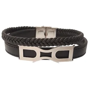 دستبند مردانه مدل چرم پلاک استیل