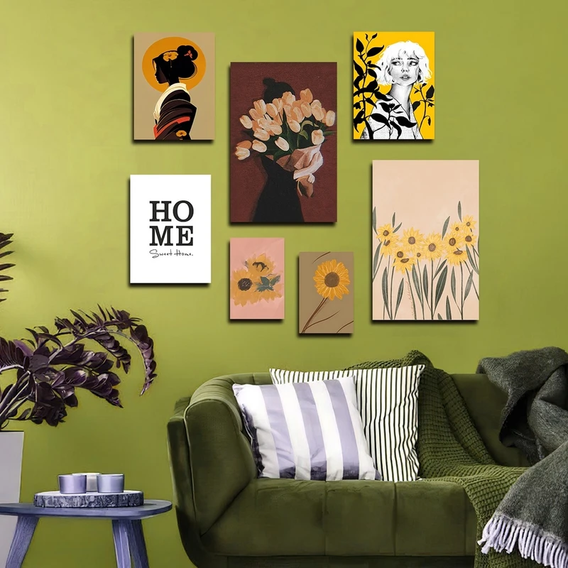 تابلو شاسی بکلیت طرح نقاشی مینیمال گل آفتابگردان و دخترانه مدل SH-2290 مجموعه 7 عددی