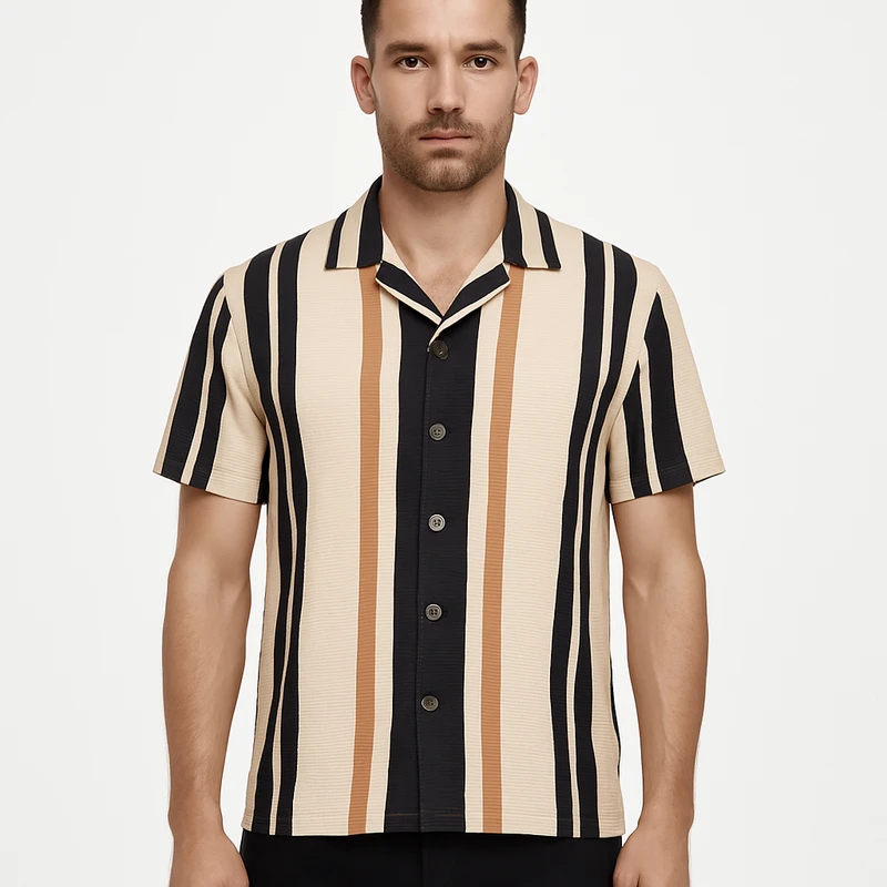 پیراهن آستین کوتاه یقه برگردان مردانه مدل راه راه بیسکویتی کد NA-M