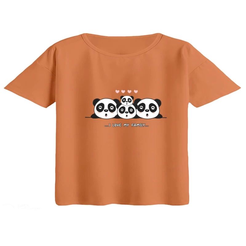کراپ تی‌شرت آستین کوتاه زنانه مدل خانواده پاندا