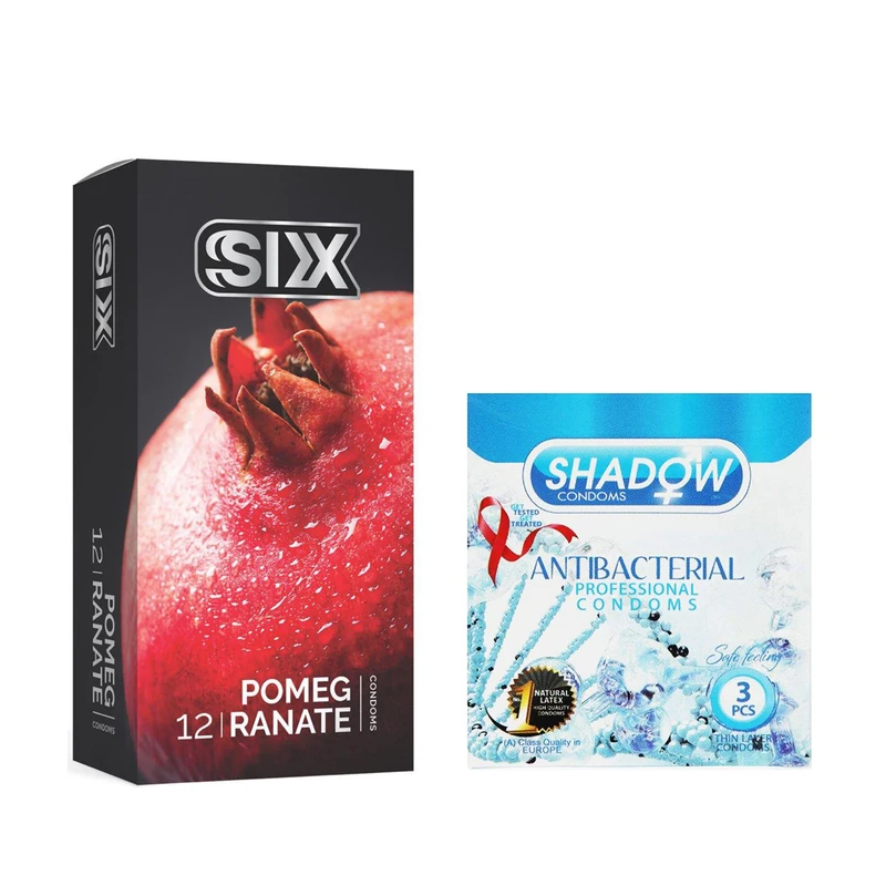 کاندوم سیکس مدل Pomegranate بسته 12 عددی به همراه کاندوم شادو مدل Anti Bacterial بسته 3 عددی