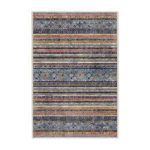 فرش ماشینی 1000 شانه اورکوم زمینه قهوه‌ای حاشیه آبی طرح مینیمال تمنا کد OR.1124.04