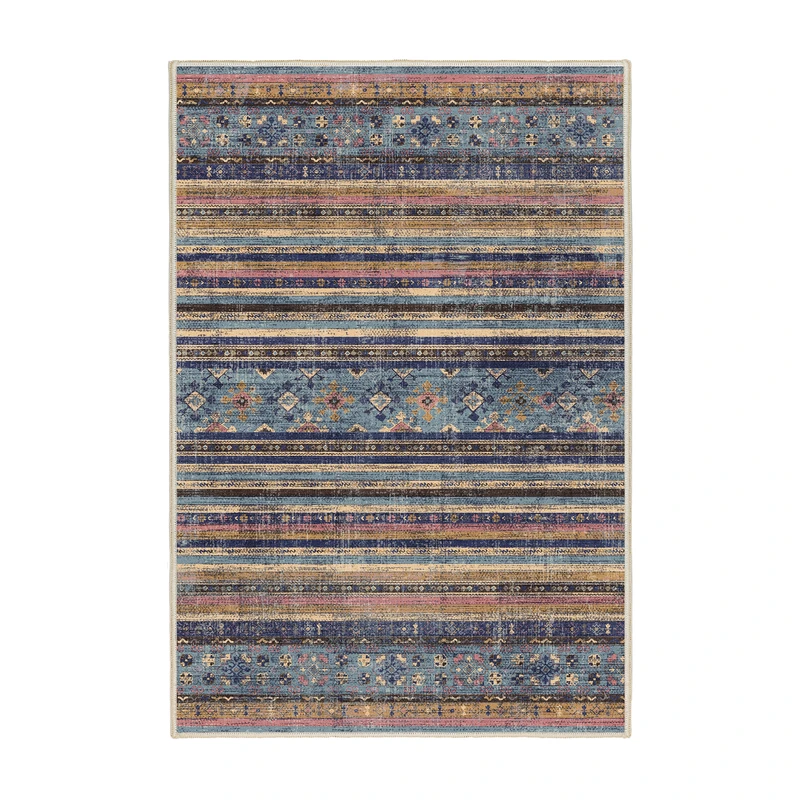 فرش ماشینی 1000 شانه اورکوم زمینه قهوه‌ای حاشیه آبی طرح مینیمال تمنا کد OR.1124.04