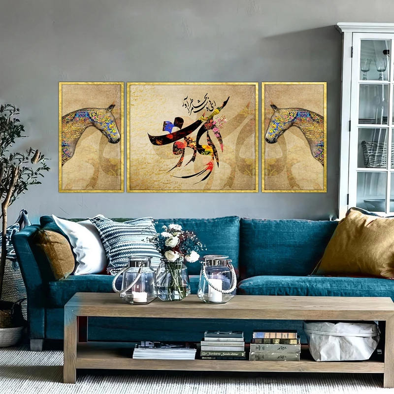 تابلو ساده بکلیت طرح مدرن دیجیتال آرت مدل شاین اکلیلی T-2893 فریم طلایی مجموعه 3 عددی