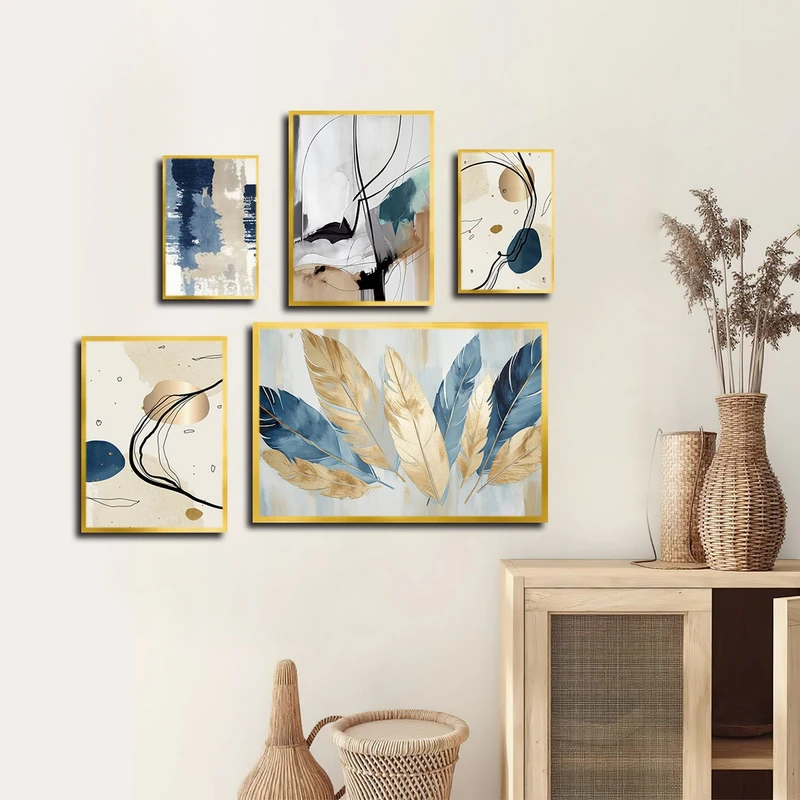 تابلو بکلیت طرح نقاشی مینیمال و پر طلایی مدل T-3171 مجموعه 5 عددی
