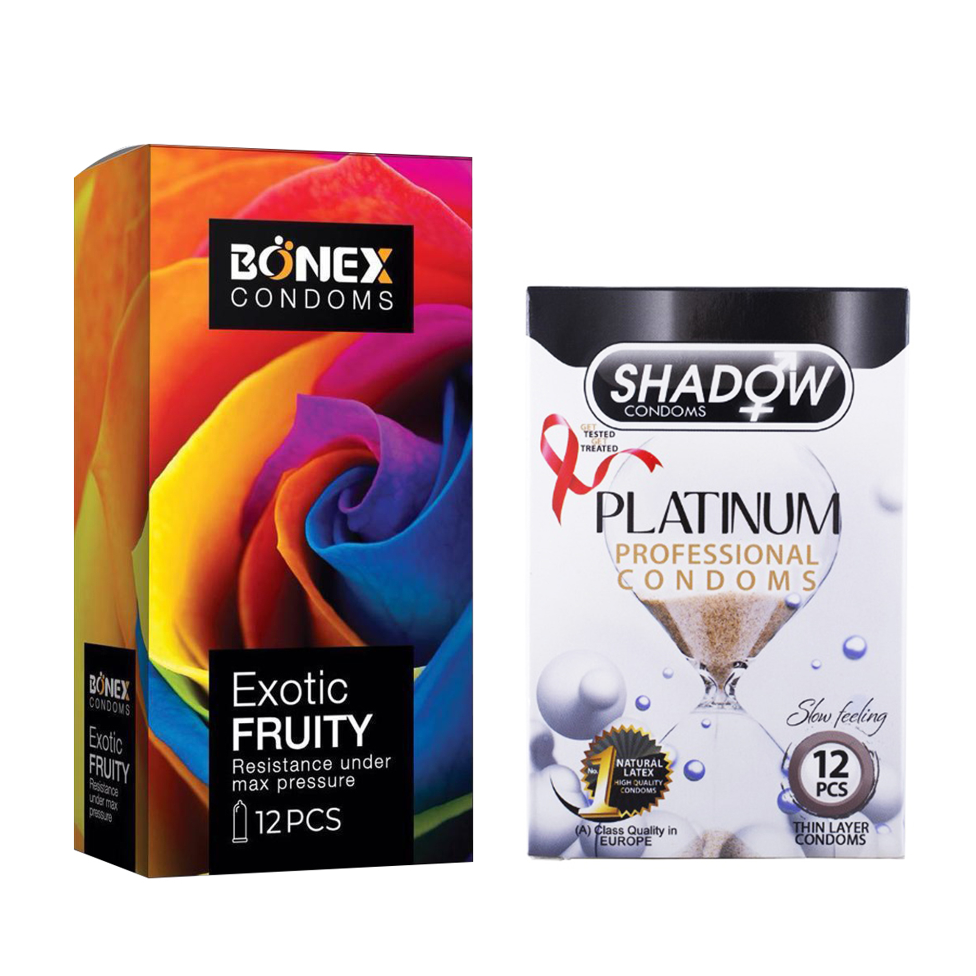 کاندوم بونکس مدل Exotic Fruity بسته 12 عددی به همراه کاندوم شادو مدل Platinum بسته 12 عددی