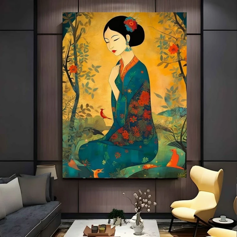 پوستر پارچه ای طرح مخمل نقاشی طبیعت مدل بانوی ژاپنی کد FP106272