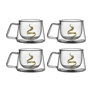 لیوان مدل دوجداره دسته دار کد 250 طرح کافی بسته 4 عددی