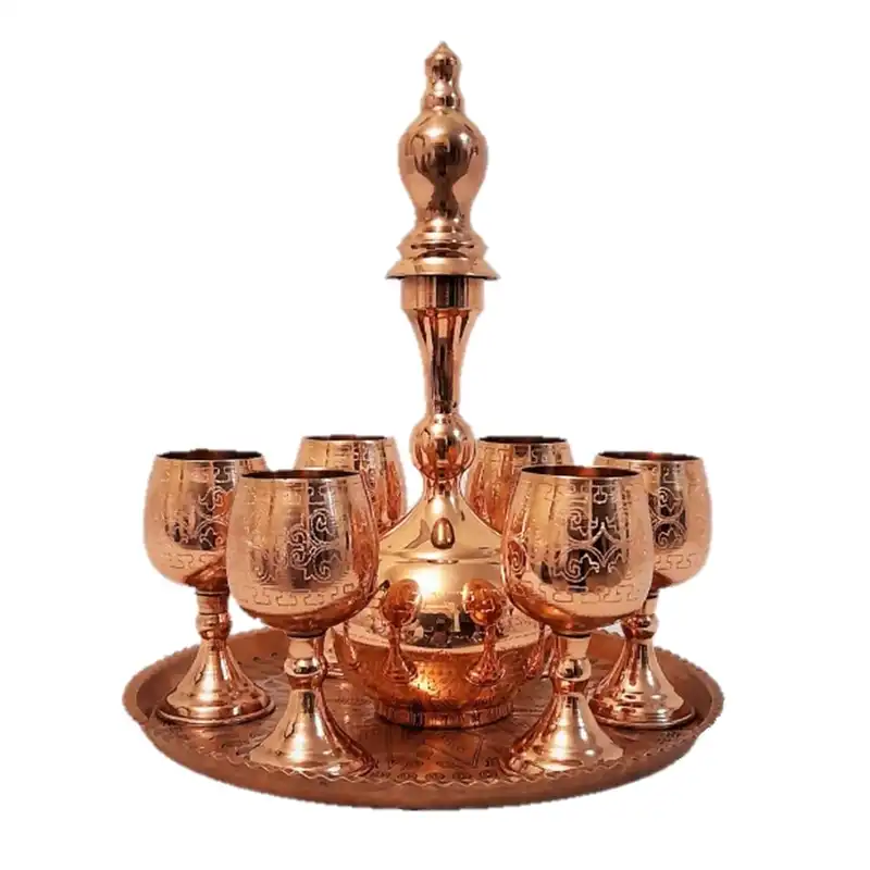 سرویس شربت خوری 8 پارچه مسی مدل طرحدار کد TJS-8