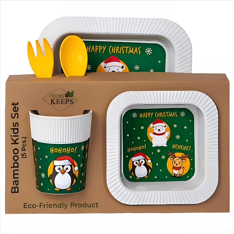 ظرف غذا کودک فرش کیپس مدل بامبو طرح پنگوئن و خرسی مجموعه 5 عددی