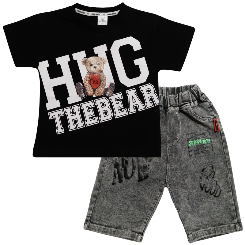 ست تی شرت و شلوارک پسرانه مدل خرس تدی کد HUGTHEBEAR-BK