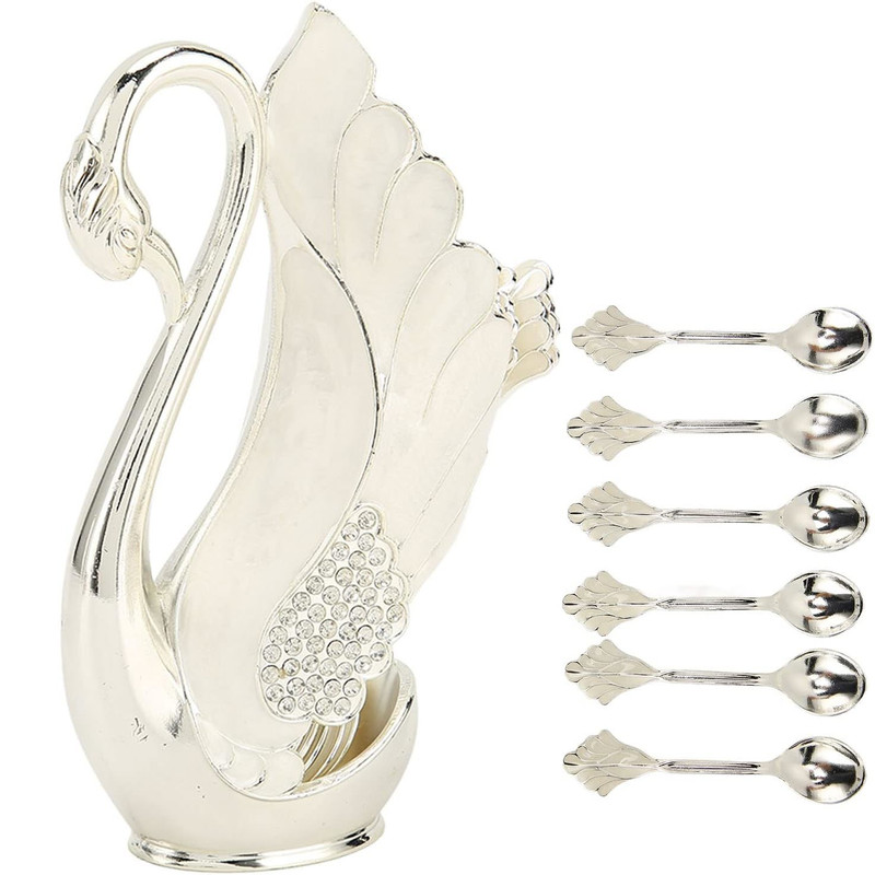 قاشق چای خوری مدل نگین دار طرح قو بسته 6 عددی به همراه جاقاشقی