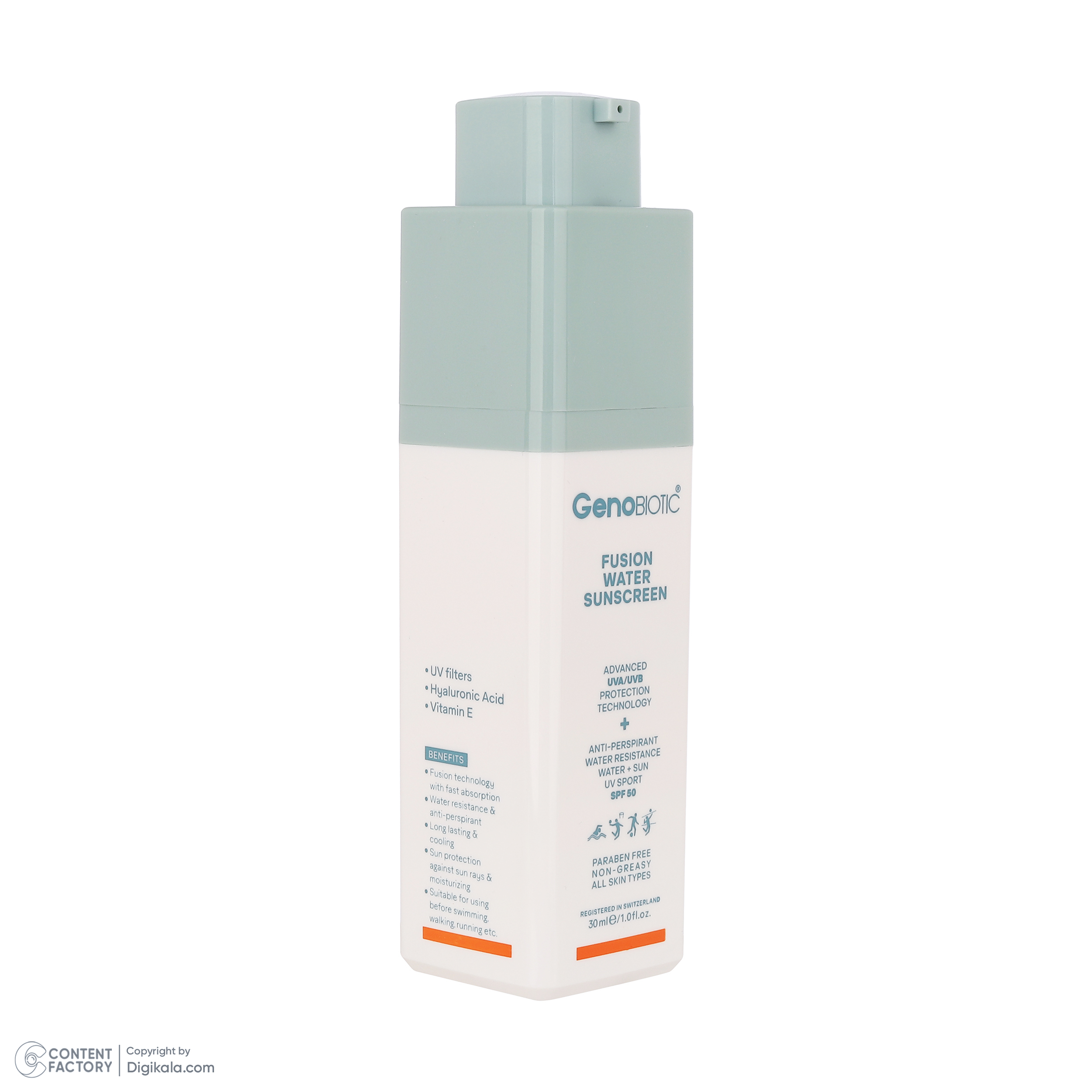 کرم ضدآفتاب بیرنگ ژنوبایوتیک، مدل Fusion water، حاوی محافظ UVA ،UVB، ضدآب، فاقد چربی، بدون پارابن، حاوی ویتامین E و هیالورونیک اسید مناسب انواع پوست، حجم 30 میلیلیتر